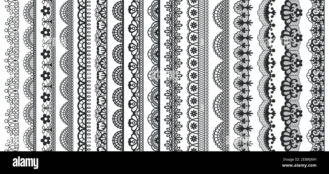 Elementi con motivo a laccio. Vintage bordi in pizzo figurato senza cuciture, splendida decorazione in pizzo per matrimoni. Set di illustrazioni vettoriali con bordi lacci neri Illustrazione Vettoriale