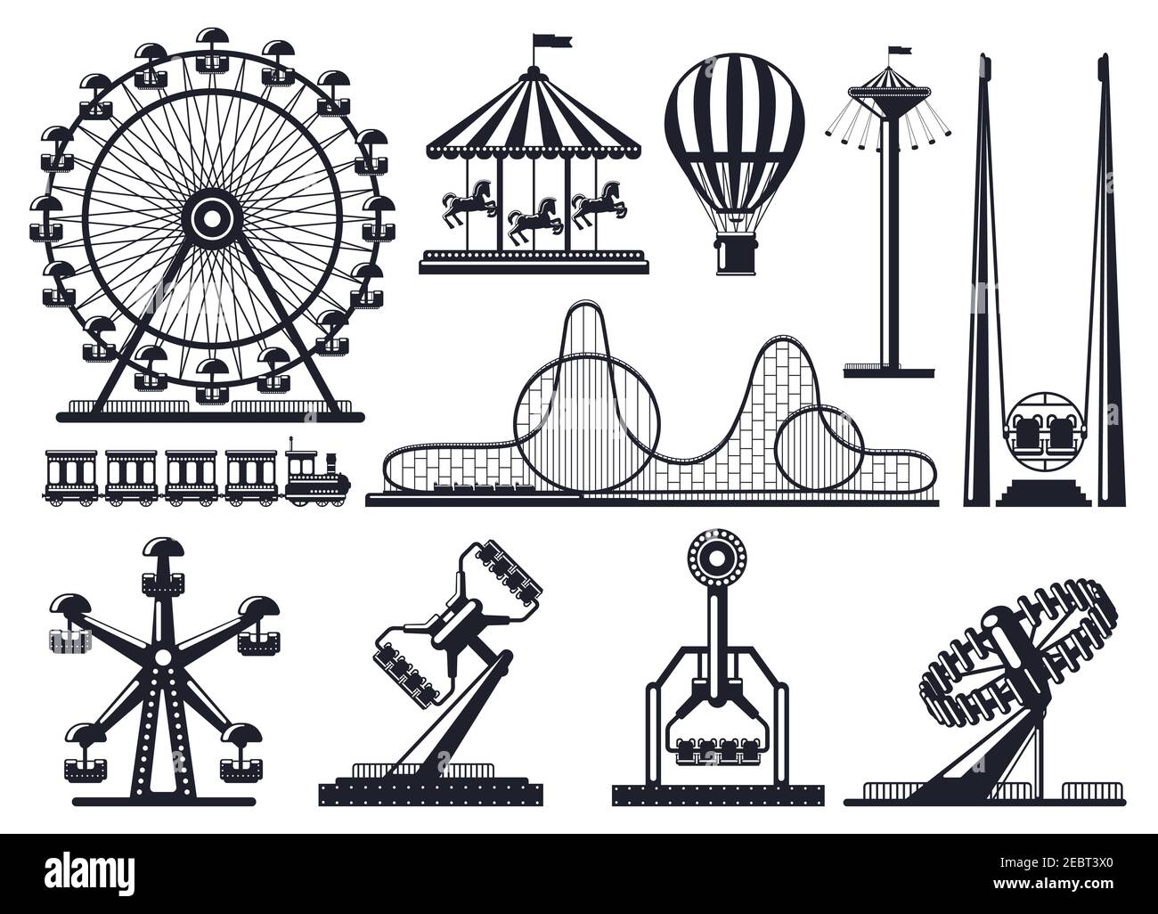 Silhouette del parco divertimenti. Attrazioni festive Park carosello e ruota panoramica. Parco di Carnevale attrazioni sagome vettoriale illustrazione set Illustrazione Vettoriale