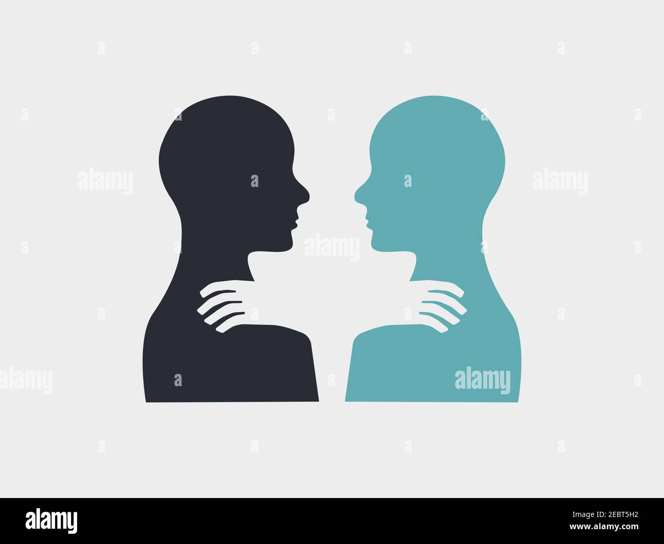 Simbolo di solidarietà. Persone diverse che tengono le mani sulle spalle l'una dell'altra. Silhouette per due persone. Logo vettoriale. Illustrazione Vettoriale