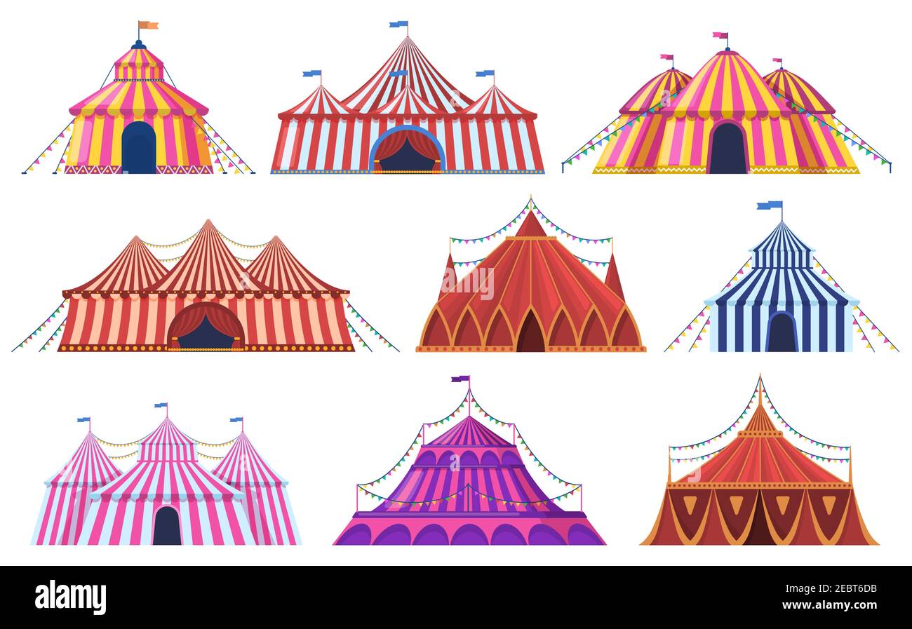 Tenda Circus. Parco divertimenti vintage carnevale circo tenda con bandiere, attrazione per bambini. Set di illustrazioni vettoriali per tende da intrattenimento Circus Illustrazione Vettoriale