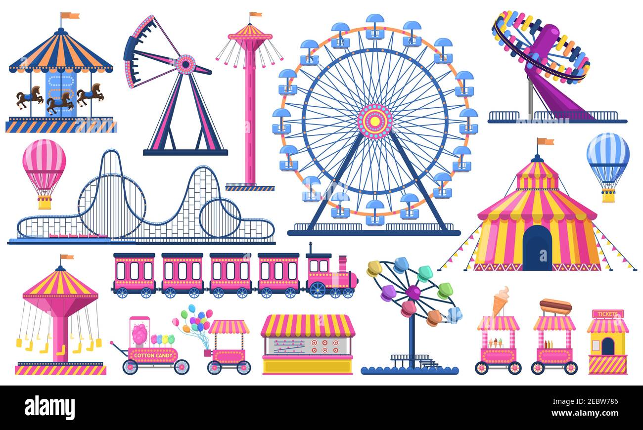 Parco divertimenti. Circus festival tenda, montagne russe, treno, ruota ferris e carosello. Set di illustrazioni vettoriali per bambini Illustrazione Vettoriale