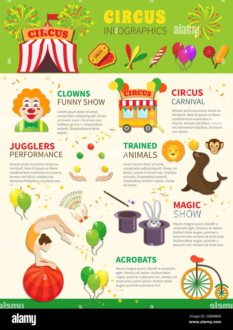 Infografica Circus impostata con simboli di intrattenimento piatto illustrazione vettoriale Illustrazione Vettoriale