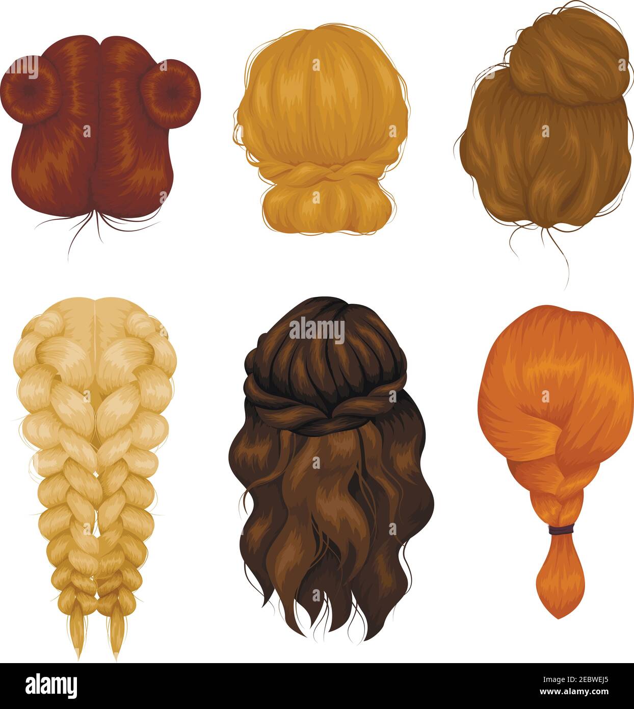 Personaggi femminili WIGS 6 varie acconciature vista posteriore icone collezione con capelli casual e lastrina isolato vettore illustrazione Illustrazione Vettoriale