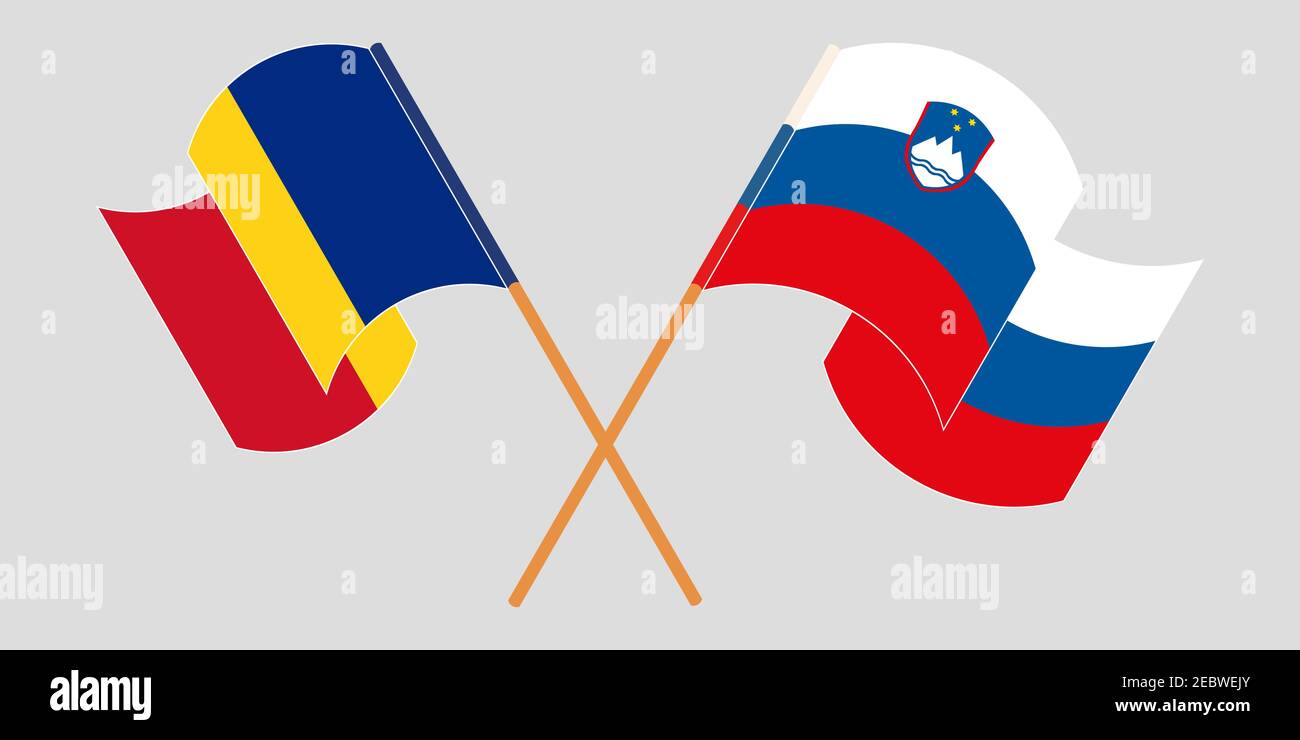 Bandiere incrociate e sventolanti di Slovenia e Romania. Illustrazione vettoriale Illustrazione Vettoriale