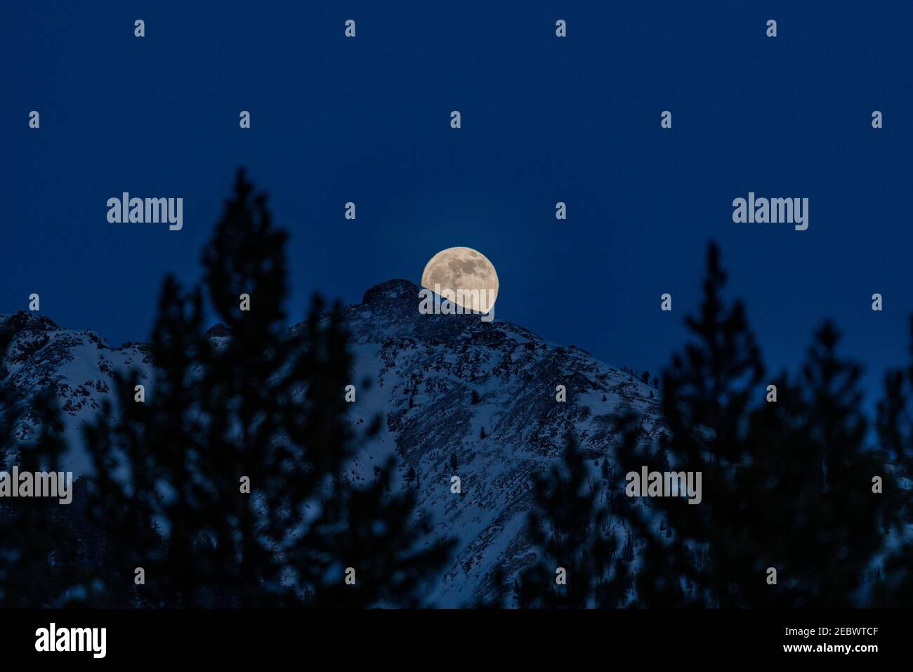 USA, Idaho, Sun Valley, Luna piena che si erge sulle Boulder Mountains nella notte invernale Foto Stock