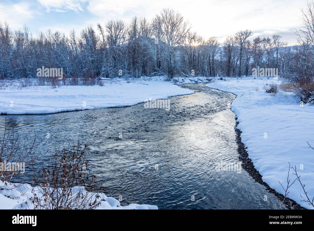 USA, Idaho, Bellevue, paesaggio invernale con Big Wood River Foto Stock