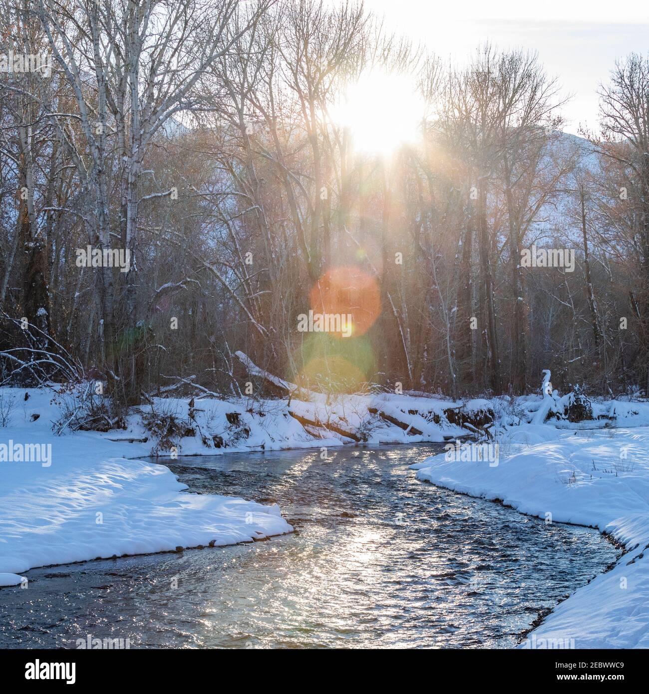 USA, Idaho, Bellevue, paesaggio invernale con Big Wood River alla luce del sole Foto Stock