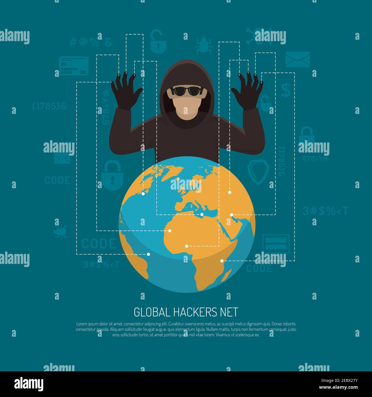 Il manifesto di allarme di minaccia di hacker con la figura nera dell'uomo criminale dietro il globo terrestre. Illustrazione Vettoriale
