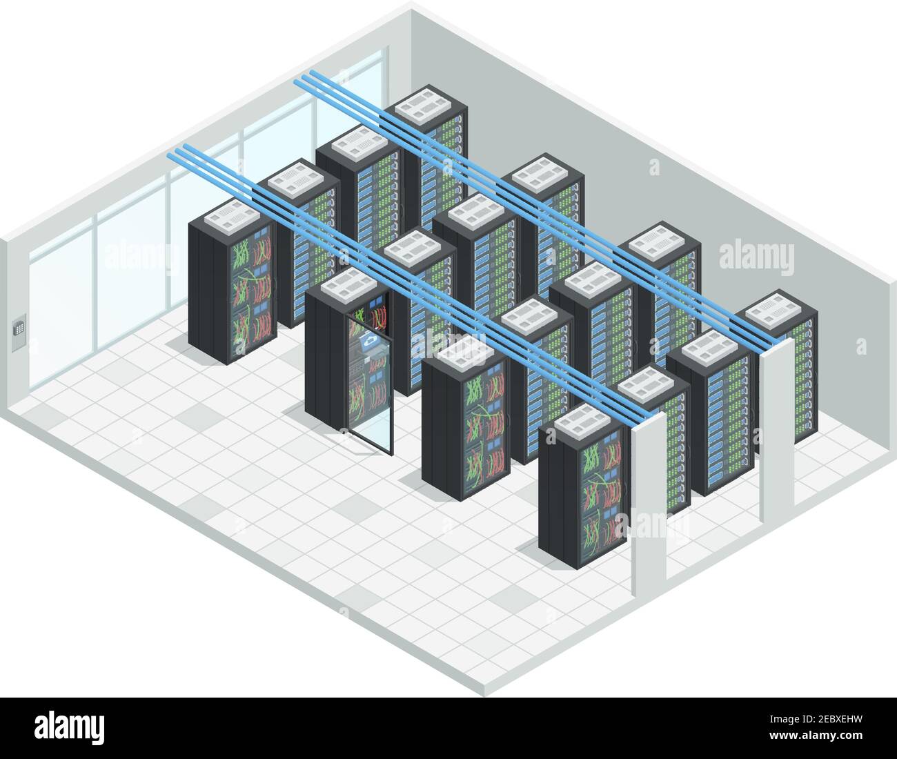 Data center server cloud computing composizione isometrica interna con quattro righe di hardware server case cabinet immagini vettoriale Illustrazione Vettoriale