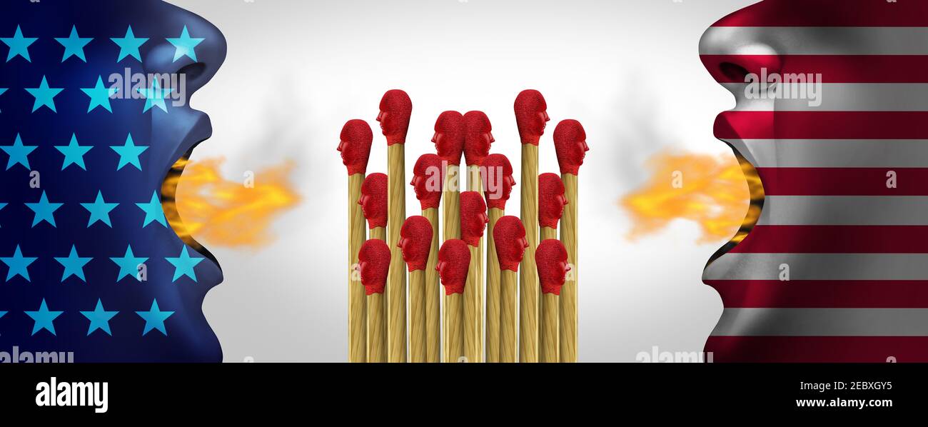 Crisi culturale americana e politica divisiva degli Stati Uniti che danneggia la società e si oppone all'ideologia culturale o al rischio di una guerra politica. Foto Stock