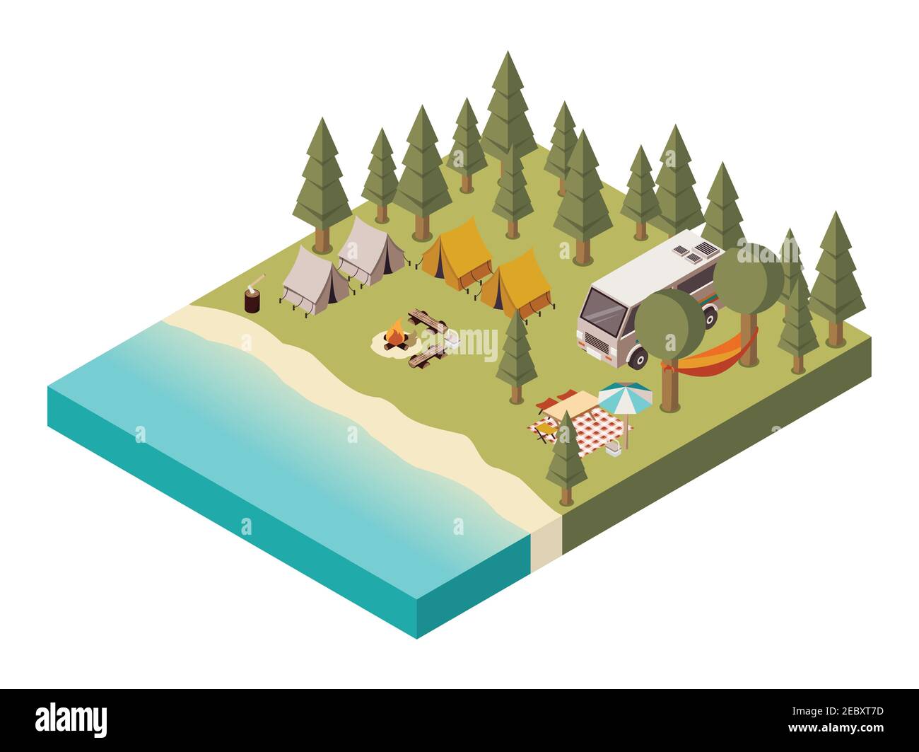 Accampamento vicino lago con tende furgoni e tavolo ombrellone falò e sedie cestini da picnic illustrazione vettoriale isometrica Illustrazione Vettoriale