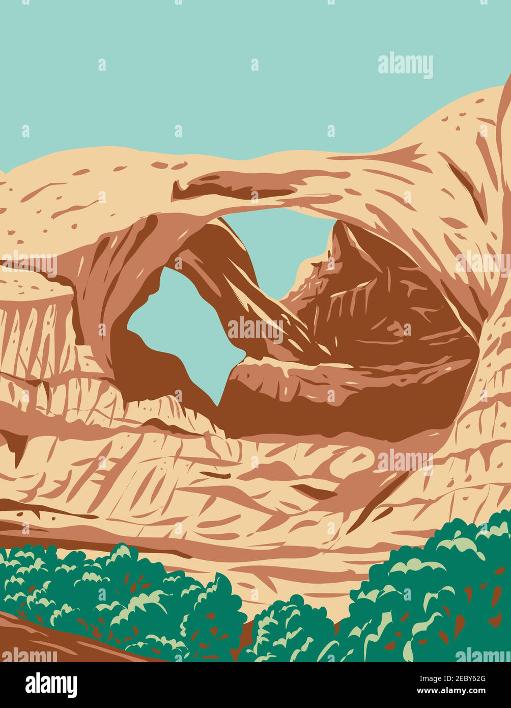 WPA poster art del Double Arch, un paio di archi naturali in stretta coppia nel Parco Nazionale di Arches in Grand County, Utah, Stati Uniti fatto in opere proj Illustrazione Vettoriale