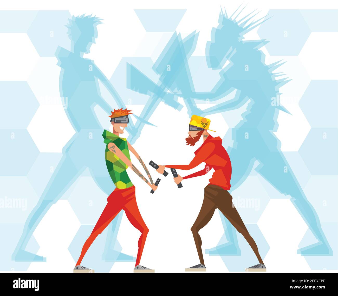 I giocatori di realtà virtuale Cybersport vision manifesto piatto espor con i giocatori in maschere con smartphone illustrazione vettoriale astratta Illustrazione Vettoriale