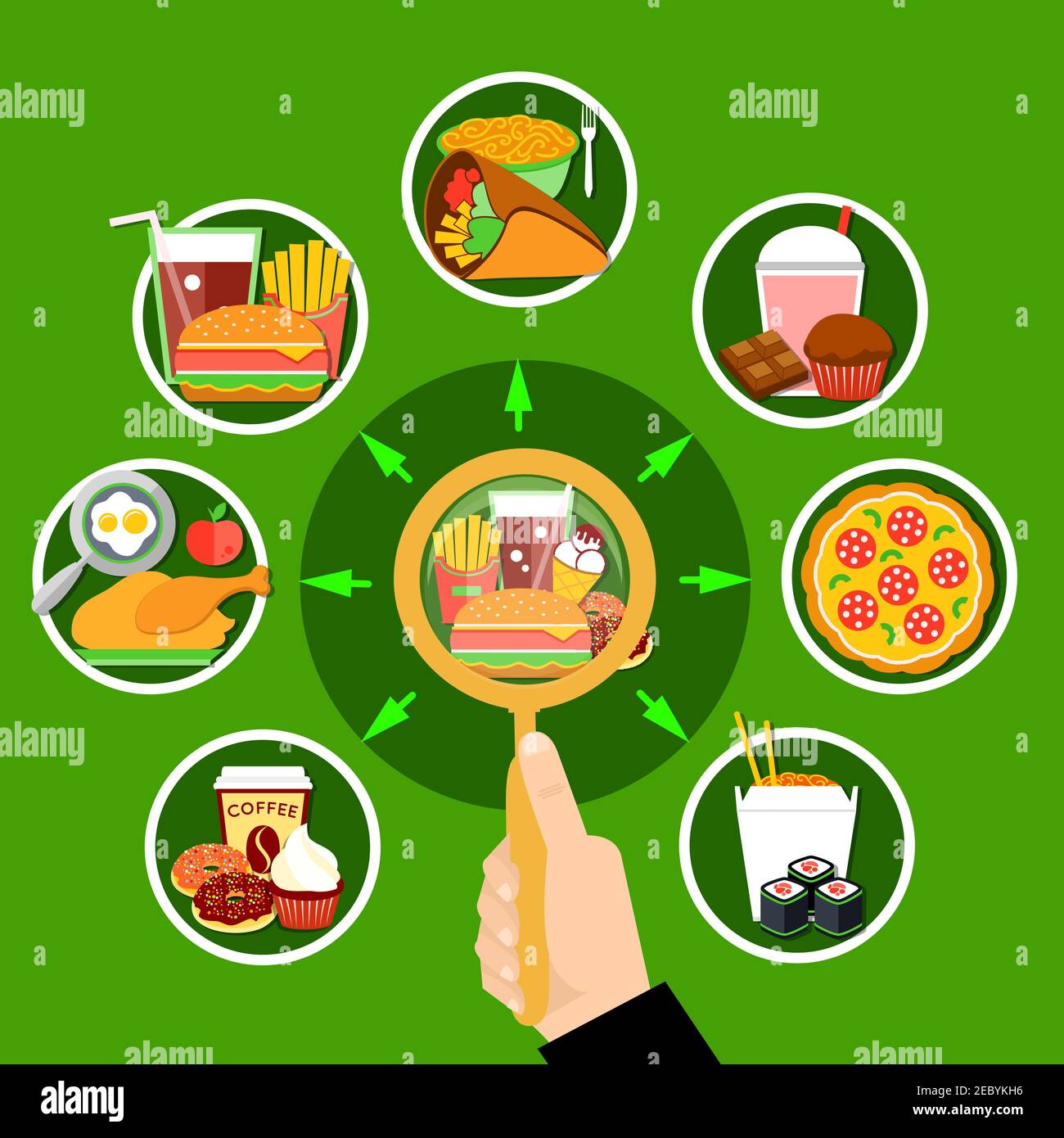 Fast food pranzo pasto online menu scelte flat poster con francese fritto hamburger pollo e taco vettore illustrazione Illustrazione Vettoriale