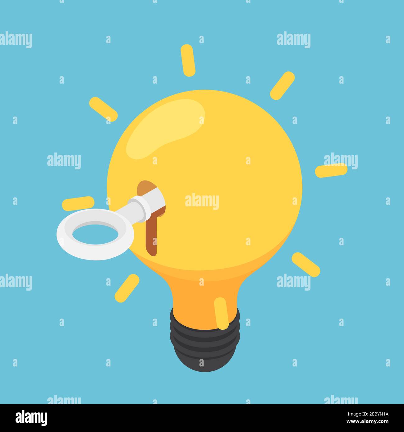 Lampadina della luce di idea per sbloccare la chiave isometrica 3d piatta. Chiave per il successo e il concetto di Copyright. Illustrazione Vettoriale