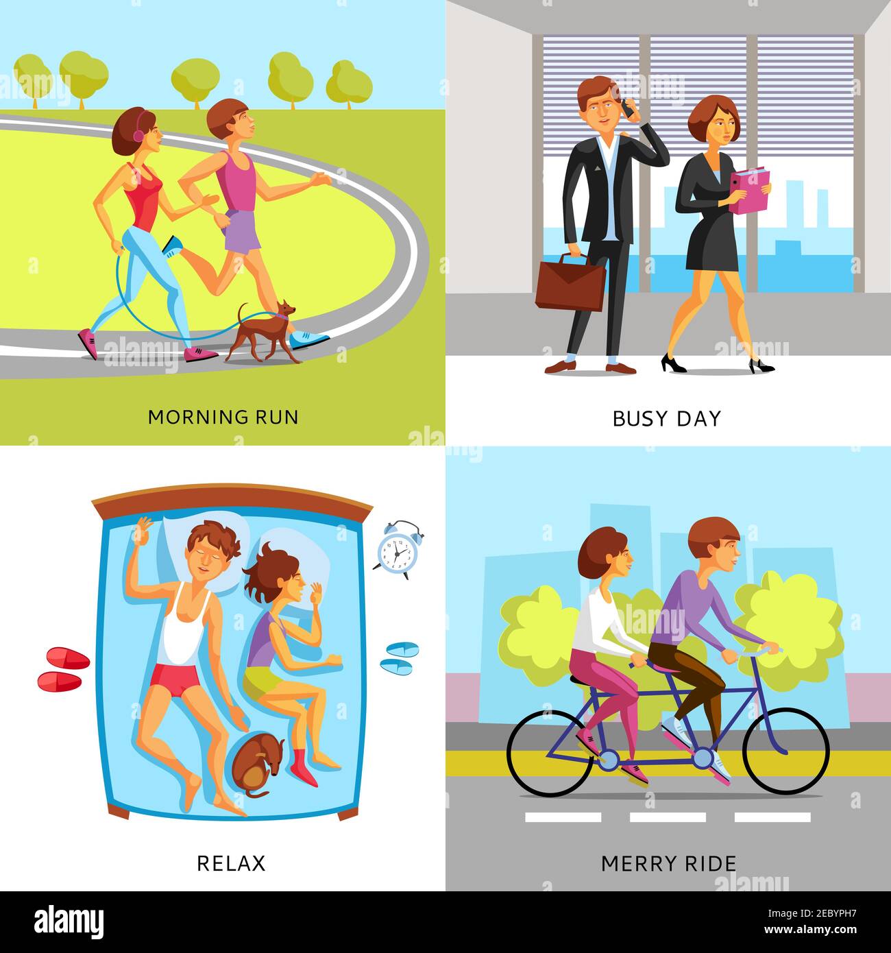Stile di vita persone 2x2 composizioni che presentano coppia in mattina corsa occupato giornata relax e allegra passeggiata cartoni animati vettore illustrazione Illustrazione Vettoriale