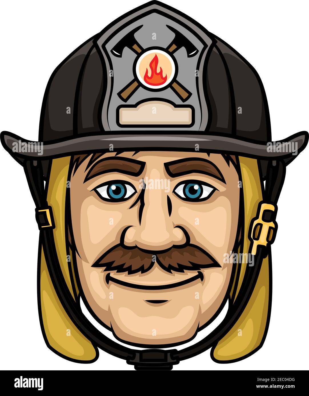Affronta i vigili del fuoco in stile cartoon con pompieri sorridenti in baffi con cappuccio protettivo e casco nero con stemma antincendio. Prof. servizio di emergenza Illustrazione Vettoriale
