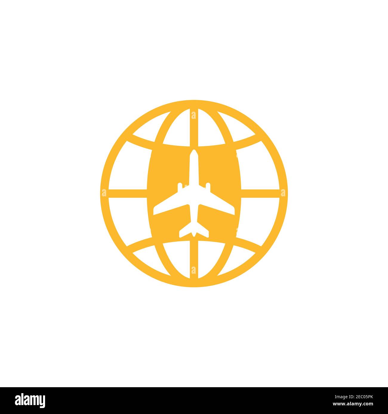 Modello vettoriale per il design del logo dell'aviazione. Immagine del piano con il simbolo del globo Illustrazione Vettoriale