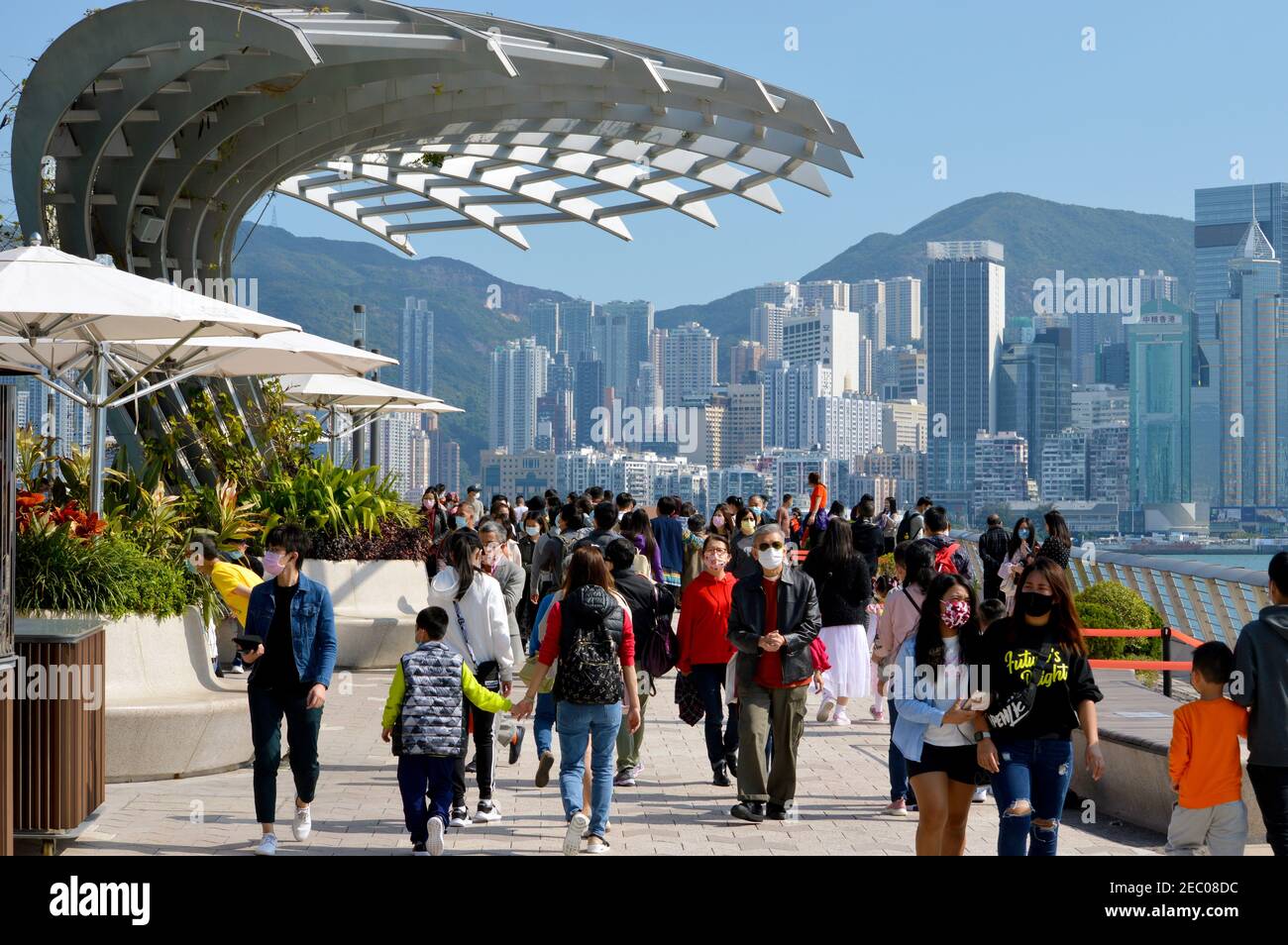 Folle di Capodanno cinese presso l'Avenue of Stars, Tsim Sha Tsui Promenade a Kowloon, Hong Kong Foto Stock