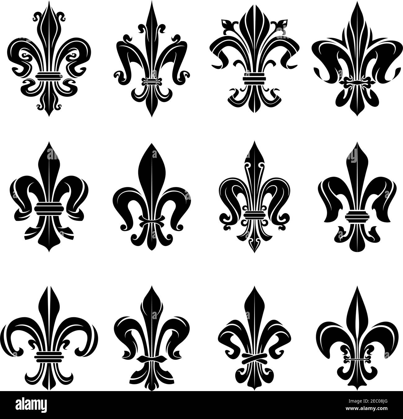 Elementi di design eraldici francesi reali per stemmi, emblema o design medievale con simboli in fleur-de-lis nero adornati da ornamenti floreali decorativi Illustrazione Vettoriale