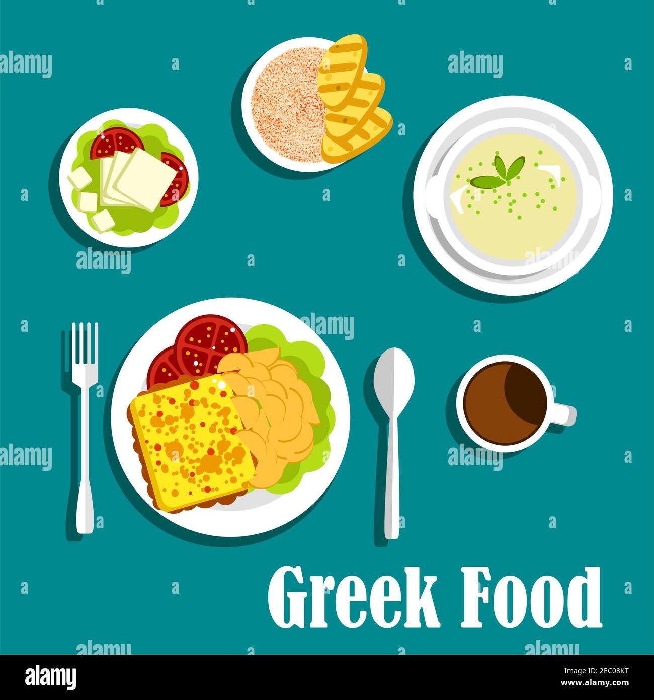 Cucina mediterranea greca con saporito formaggio fritto saganaki, patate e pomodori freschi, zuppa di trippa, feta servita su un letto di lattuga e pomodori, s Illustrazione Vettoriale