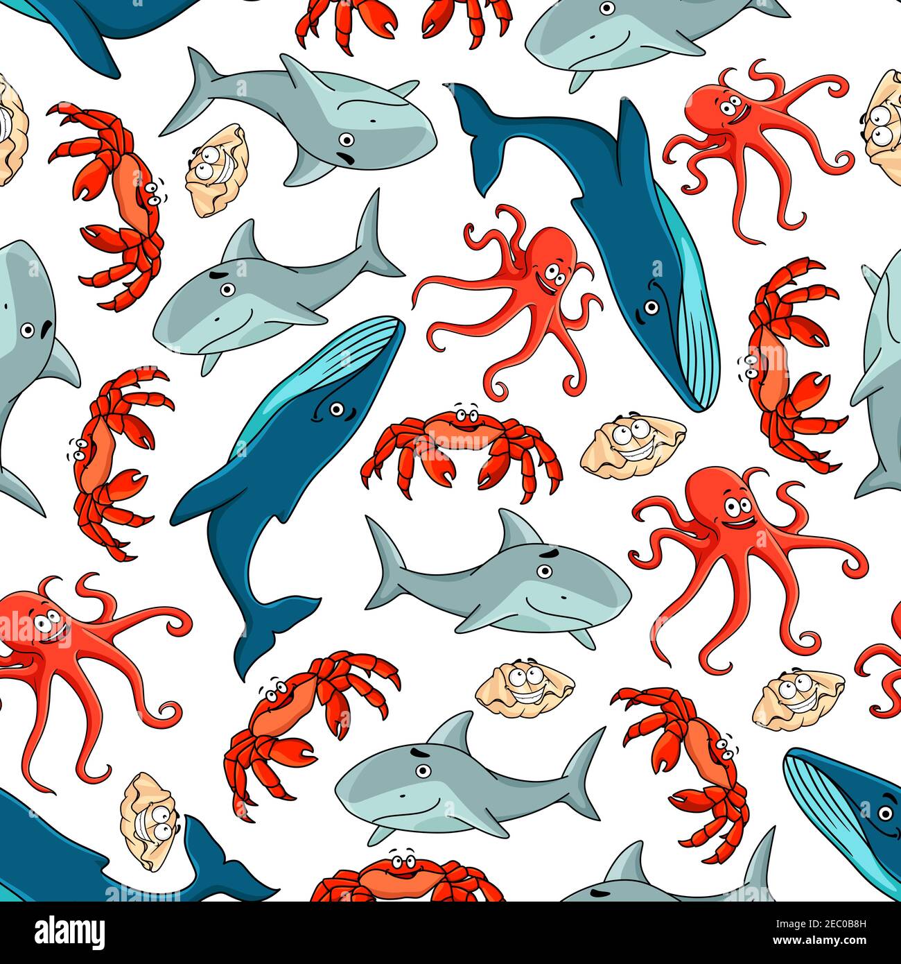 Animali marini senza cuciture con granchio rosso e polpo, squalo, conchiglia e balena Illustrazione Vettoriale