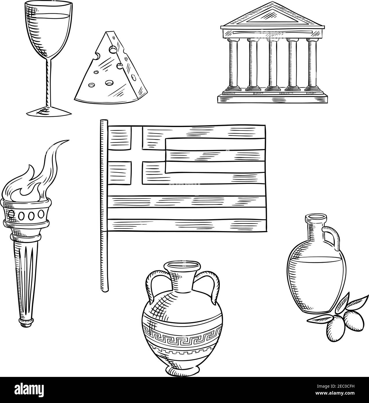 Grecia simboli e oggetti tradizionali con bandiera nazionale, tempio del Partenone e l'antica amfora, torcia con fiamma e olio d'oliva, vino e formaggio Immagine e Vettoriale - Alamy
