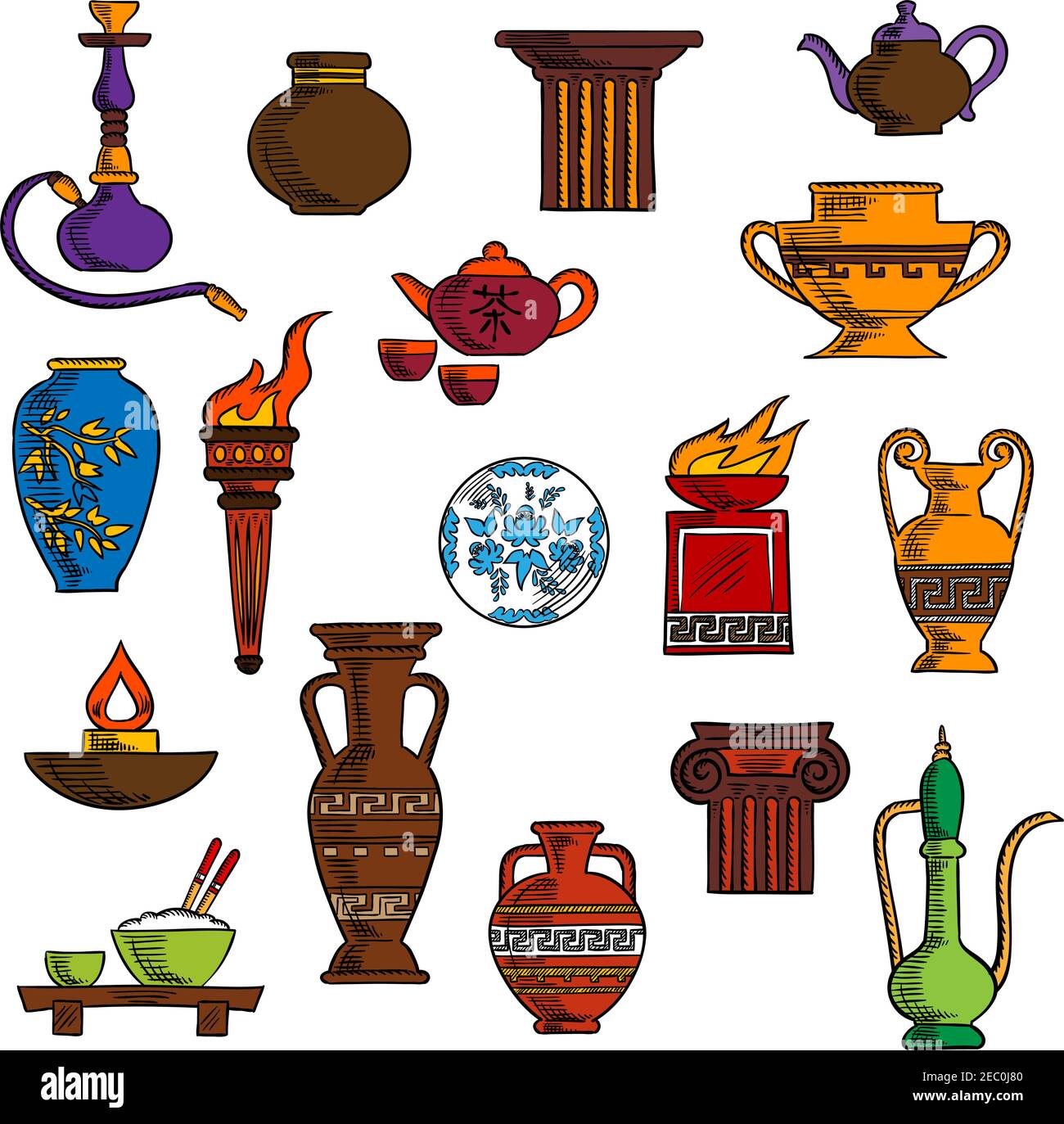 Vari vasi, brocche, contenitori e utensili da cucina con antica torcia e ciotole di fuoco di pietra, anfore, teapot di rame e ceramica, lampada ad olio e pip di hookah Illustrazione Vettoriale