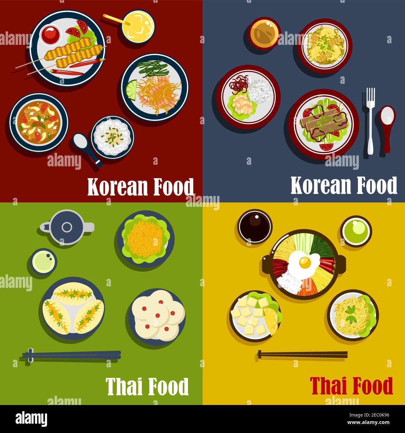 Piatti della cucina tailandese e coreana piccante con insalata di carote, gamberi con riso fritto, zuppa di gamberi e torte di verdure, manzo alla griglia su bastoncini, puddin di cocco Illustrazione Vettoriale