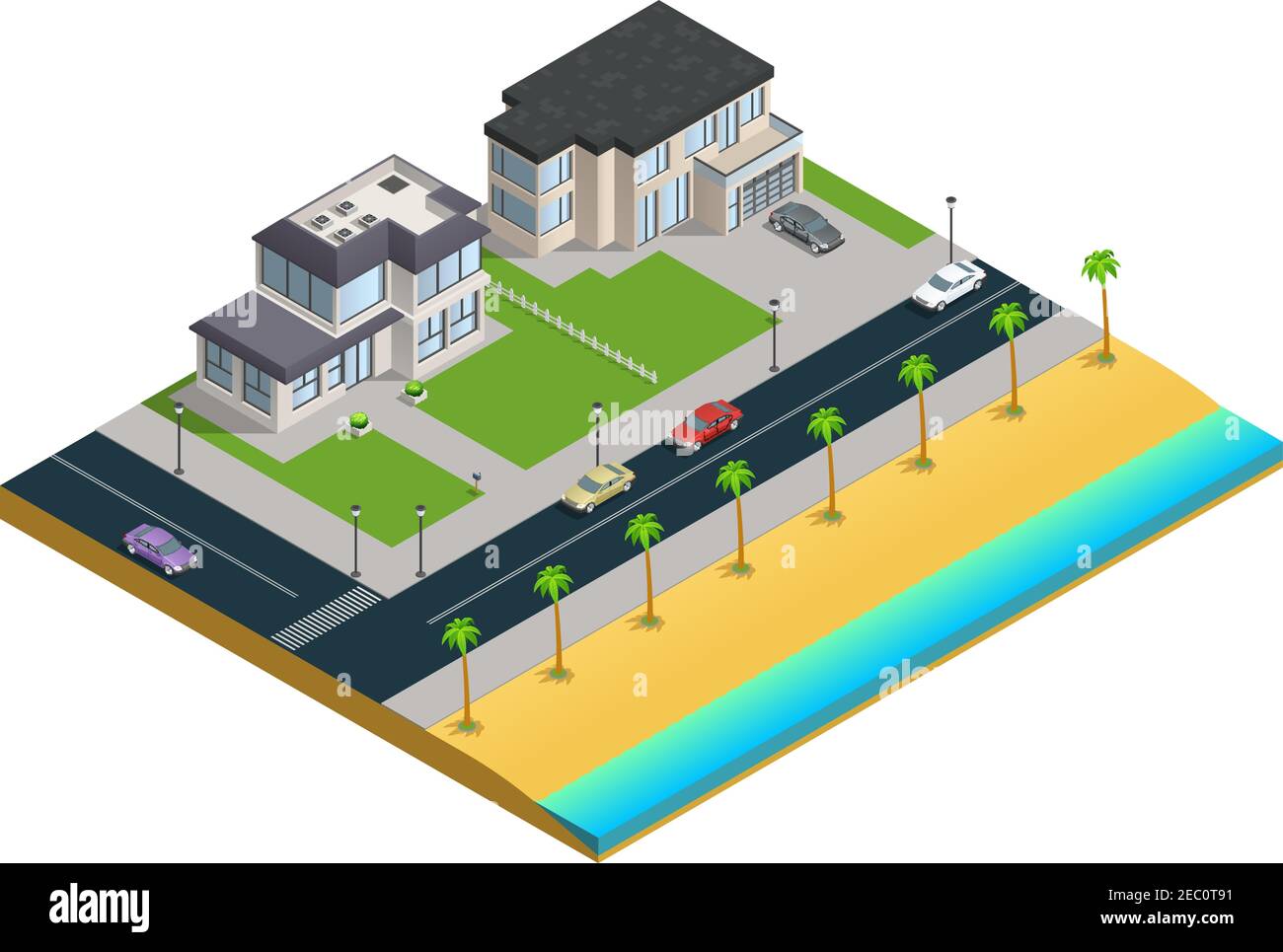 Composizione isometrica con due case suburbane vicino spiaggia di sabbia su illustrazione vettoriale di sfondo bianco Illustrazione Vettoriale