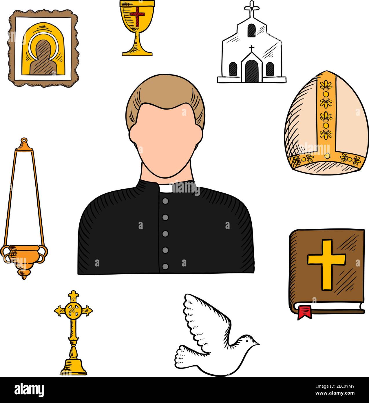 Sacerdote in veste nera e collare bianco con simboli religiosi come la  chiesa o il tempio edificio, la Bibbia e la croce d'oro, ciotola e  candelabra su cha Immagine e Vettoriale -