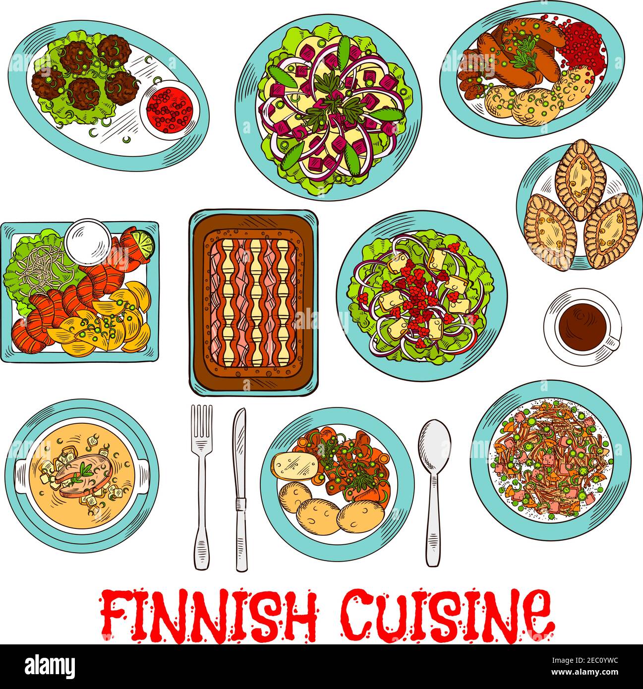 Piatti della cucina nazionale finlandese con salmone affumicato e verdure, torte di riso e pesce di segala, salsicce e polpette con marmellata di frutti di bosco, cavolo e renne Illustrazione Vettoriale