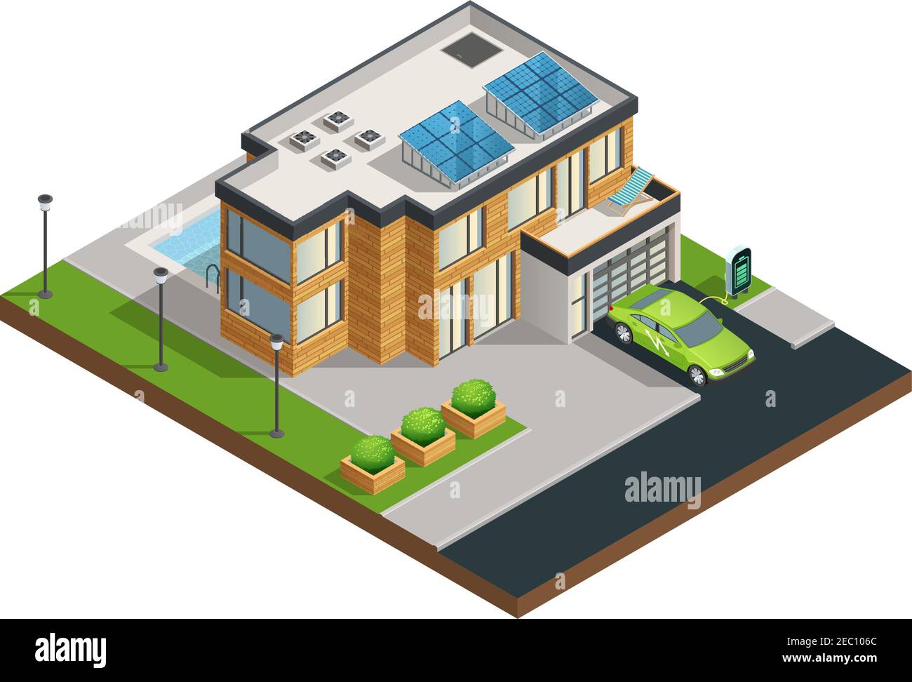Grande moderna eco casa verde con pannelli solari sul tetto bel garage ordinato cortile e piscina isometrica illustrazione vettoriale Illustrazione Vettoriale