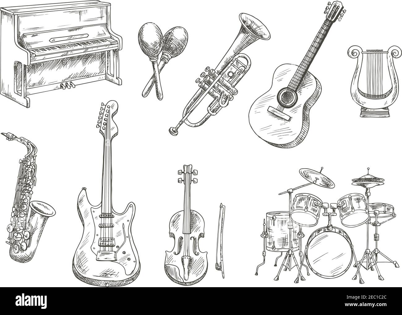 Drum set e piano, sassofono, chitarre acustiche ed elettriche, violino e tromba, lira greca antica e maracas in legno che incita schizzi Illustrazione Vettoriale