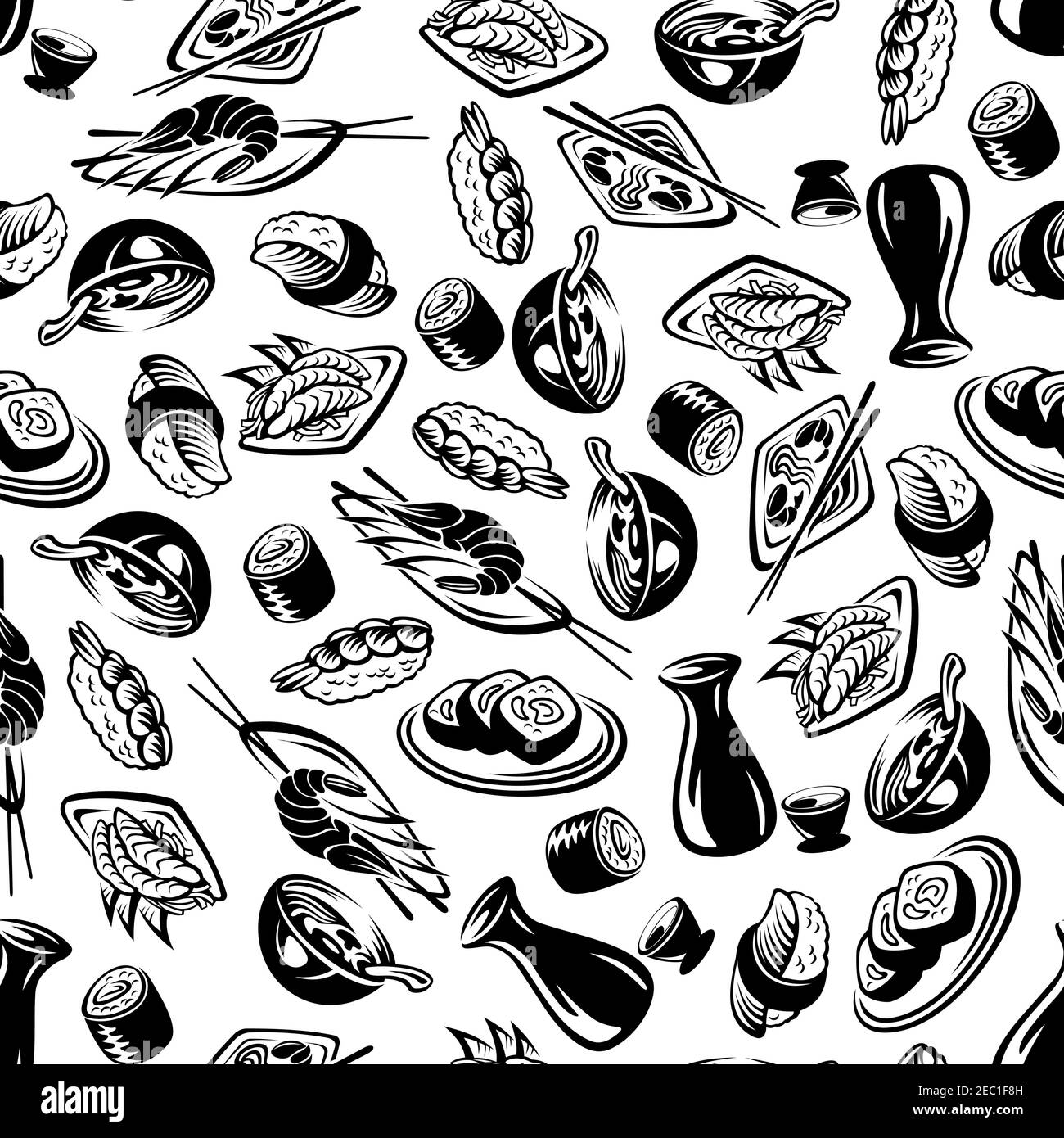 Cibo giapponese di sottofondo con motivo senza cuciture di sushi e sushi nigiri, sashimi di salmone e gamberi piccanti con verdure marinate, noodle sou Illustrazione Vettoriale