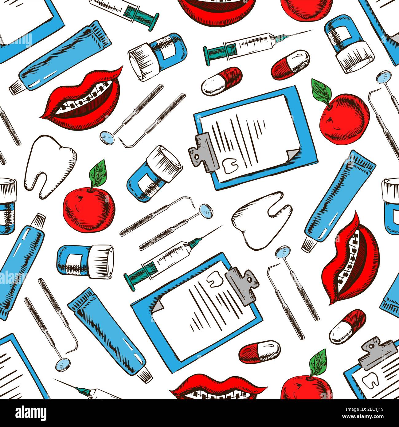 Medicina dentale di base per odontoiatria, trattamento dentale e disegno di igiene. Disegno senza cuciture di denti, strumenti dentistici e siringhe, pillole e dentifricio Illustrazione Vettoriale