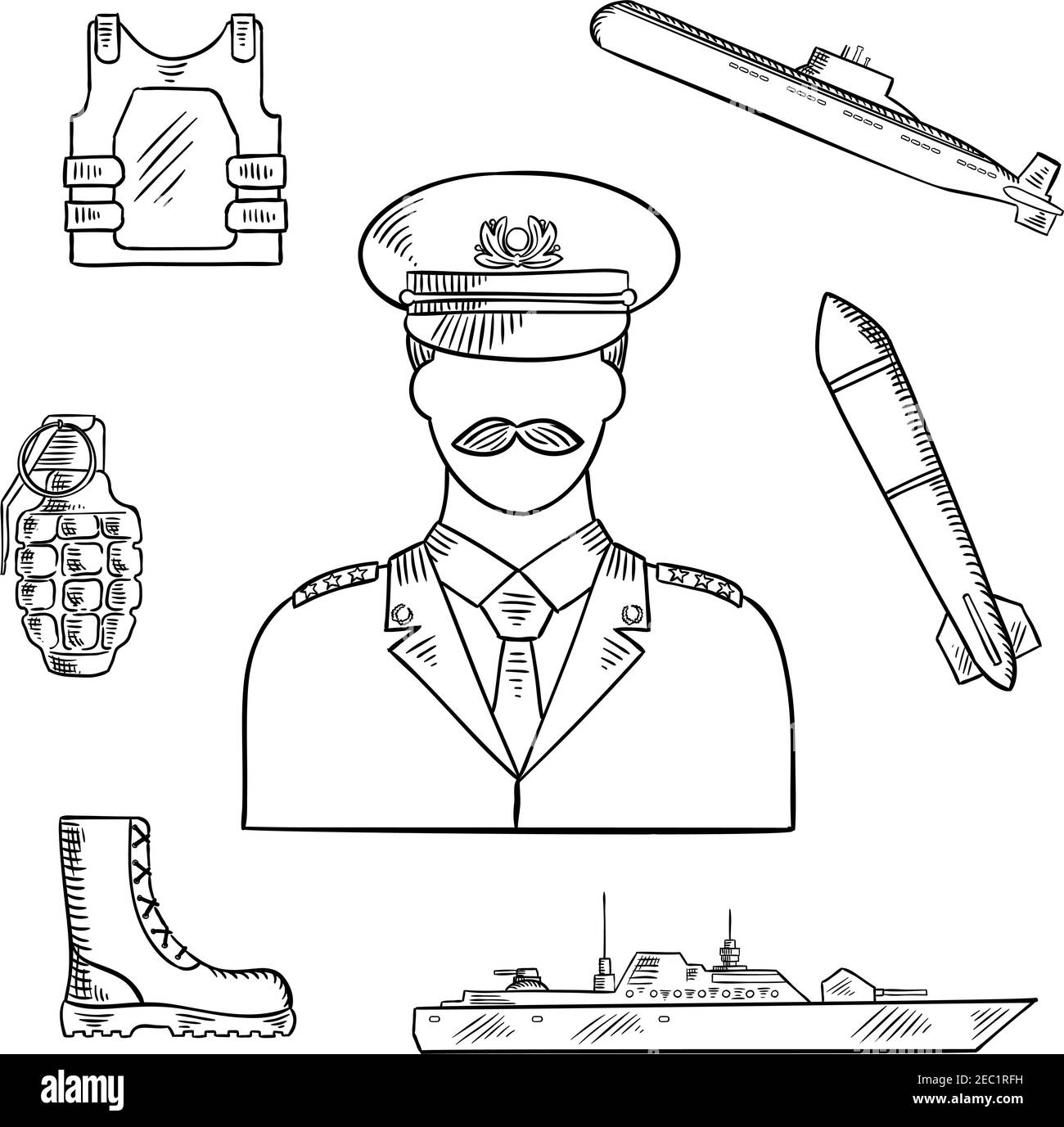 Uomo militare in uniforme schizzo simbolo con granata a mano, corazza e stivali, nave da guerra navale, siluro e sottomarino. Uso come confesso militare e navale Illustrazione Vettoriale