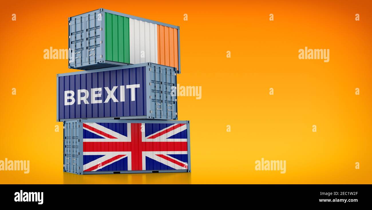 Contenitori per merci con bandiera irlandese e britannica. Problemi di confine con la Brexit. Rendering 3D Foto Stock