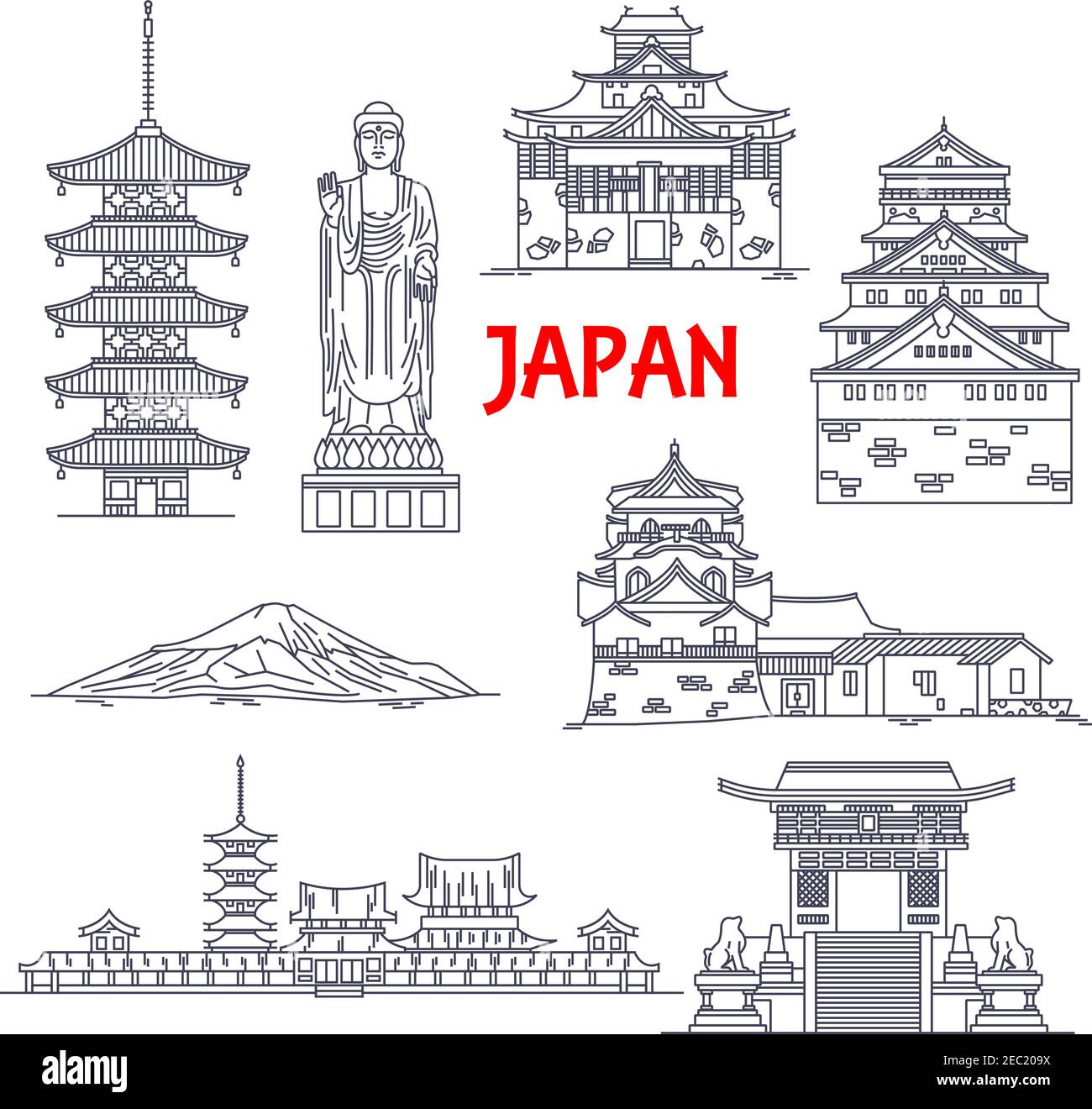 Architettura, religione e natura viaggio monumenti simbolo del Giappone con il monte Fuji, Ushiku Grande Buddha, pagoda del tempio Horyuji, palazzo imperiale, Osak Illustrazione Vettoriale