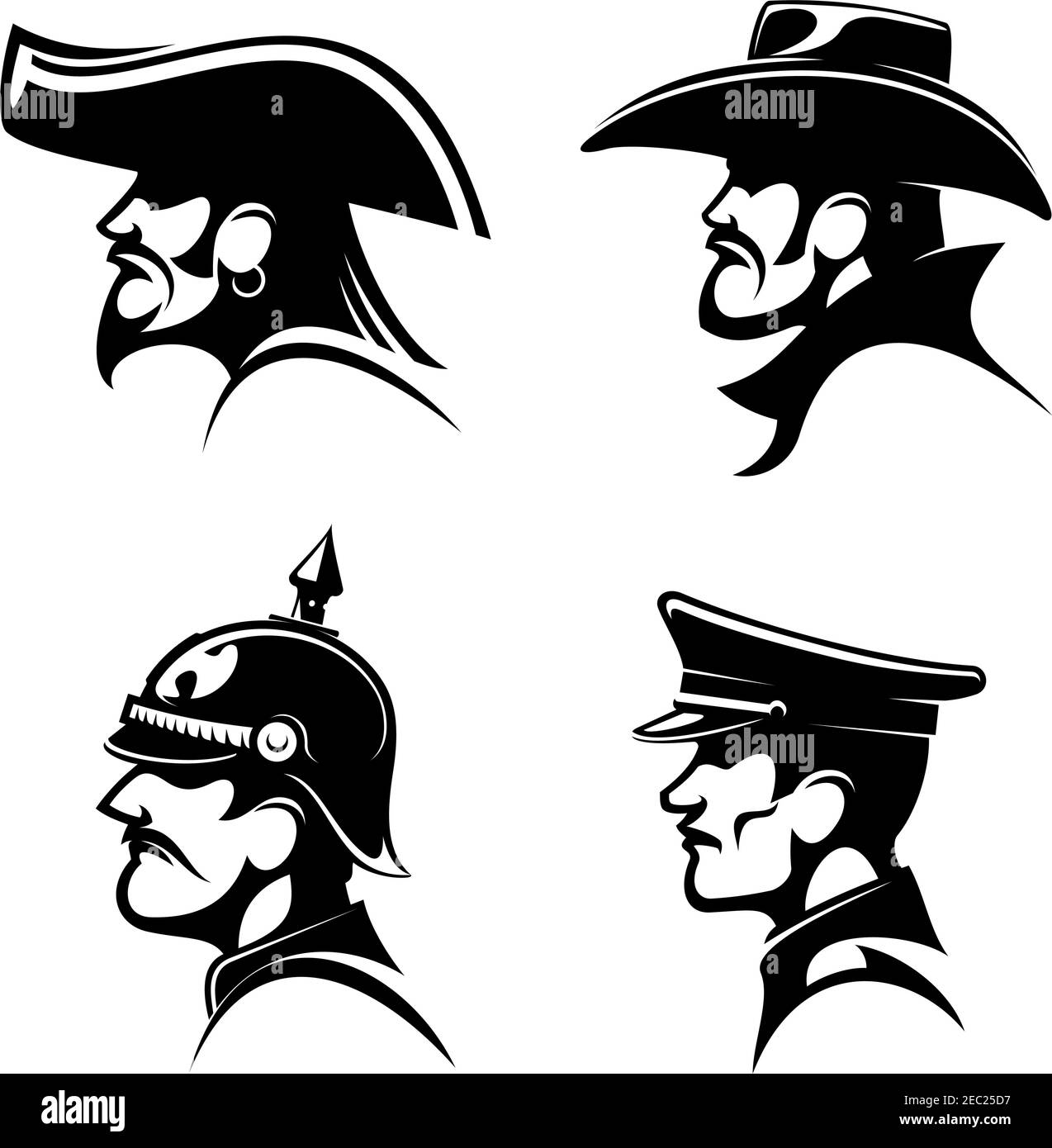 Profili neri di brutale cowboy in pelle cappello, porticato pirata con orecchino e cappello capitano, coraggioso generale dell'esercito prussiano in casco spiked e germa Illustrazione Vettoriale Profili neri di brutale cowboy in pelle cappello, porticato pirata con orecchino e cappello capitano, coraggioso generale dell'esercito prussiano in casco spiked e germa Illustrazione Vettoriale
