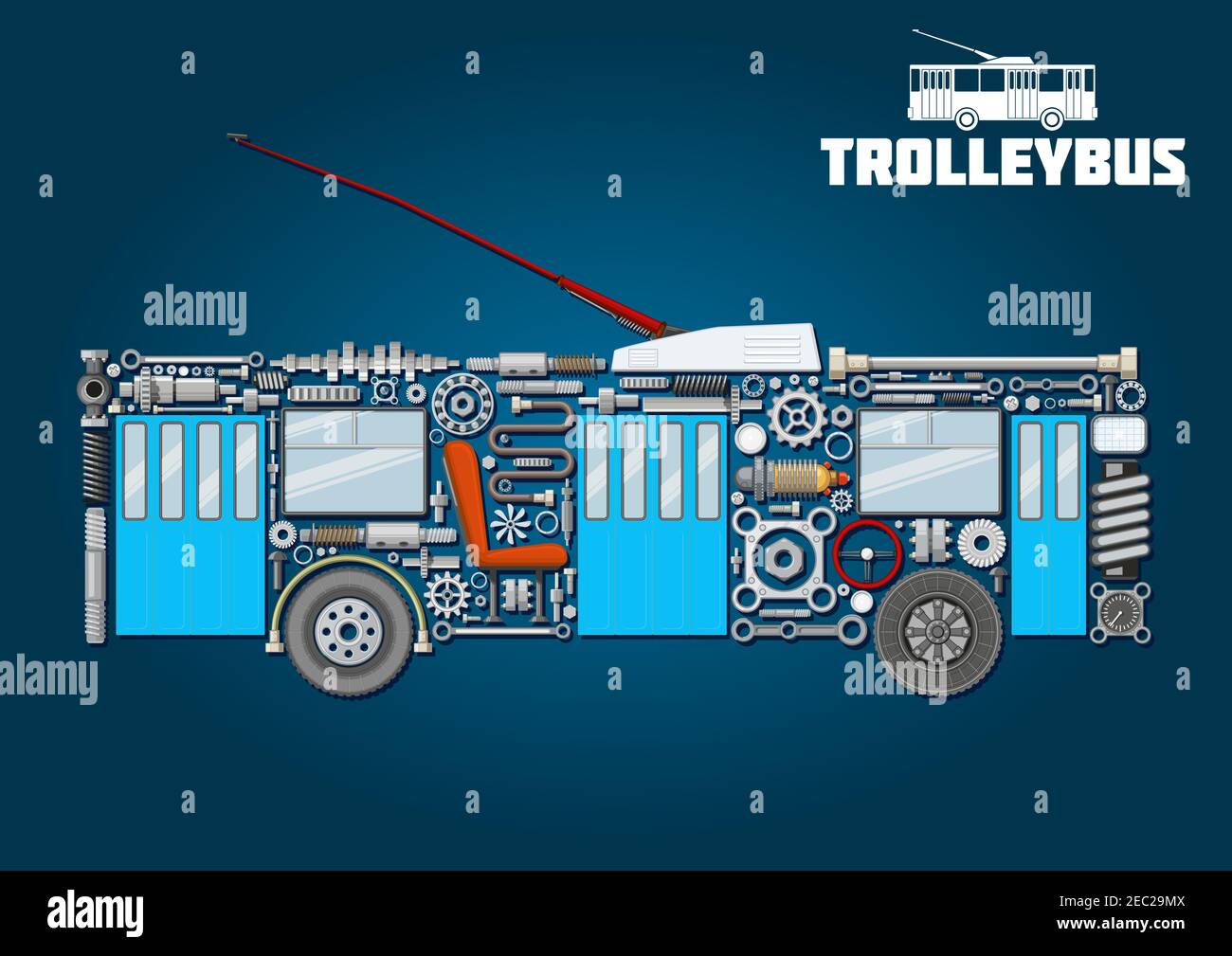 Icona della silhouette meccanica del filobus elettrico dei componenti principali dettagliati e delle parti con porte di imbarco e di uscita, pali del carrello con base nel convogliatore, Illustrazione Vettoriale