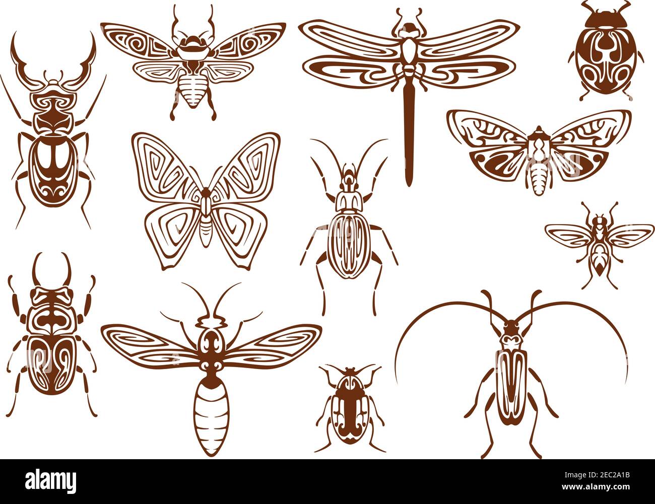 Farfalla tribale marrone, ape, falce, libellula, vespe, coccinella, scarabeo e scarabei, bumblebee, lucciole e insetti scudo. Insetti decorativi, adornati Illustrazione Vettoriale