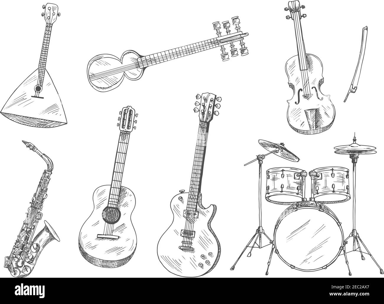 Set di tamburi, chitarre acustiche ed elettriche, violino, sassofono, balalaika russa e icone di sarod indiani. Strumenti musicali etnici e classici Illustrazione Vettoriale