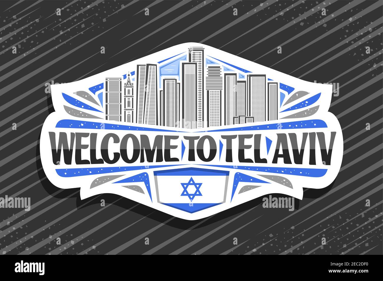 Logo vettoriale per Tel Aviv, etichetta decorativa bianca con illustrazione del paesaggio urbano israeliano su sfondo cielo giorno, art design magnete frigorifero turistico con un Illustrazione Vettoriale