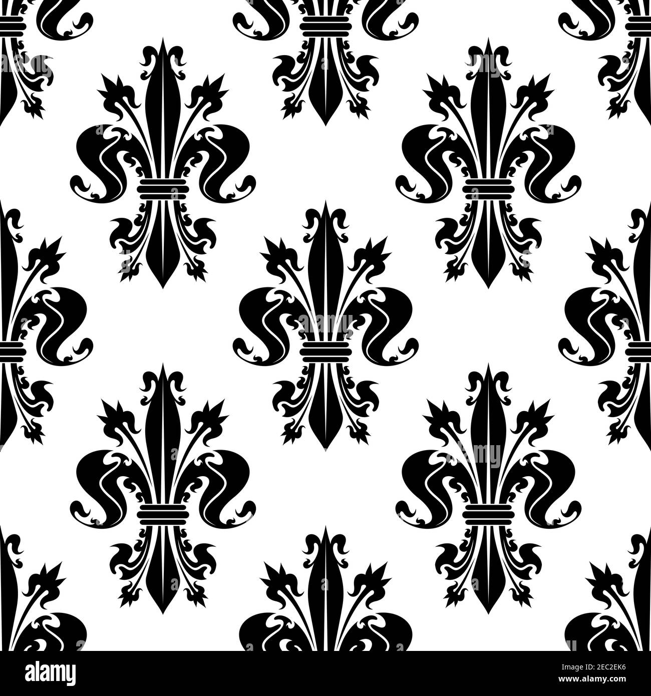 Motivo fleur-de-lis nero decorativo senza cuciture su sfondo bianco con composizioni floreali ricce di gigli reali. Sfondo araldico francese, h Illustrazione Vettoriale