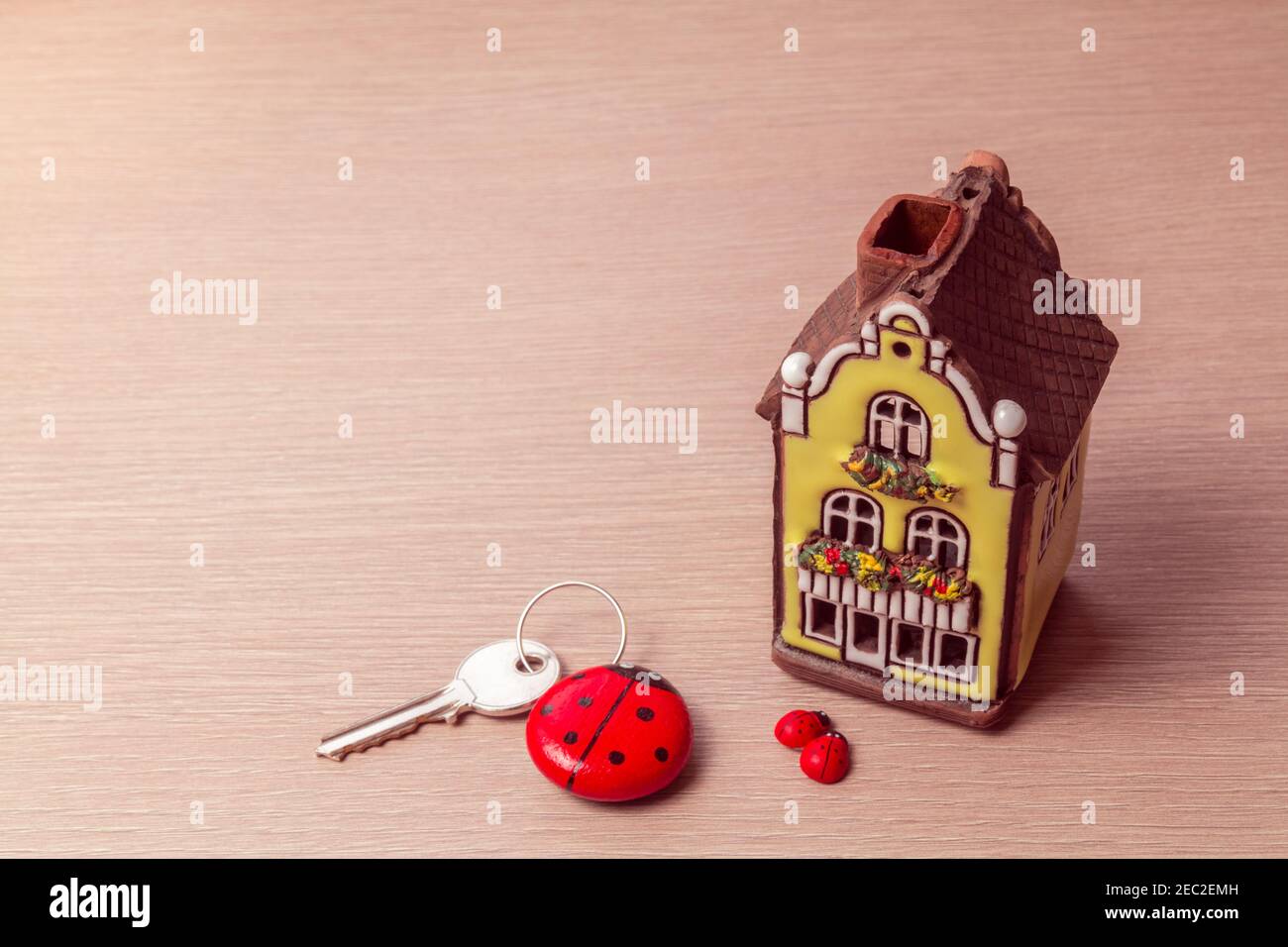 Casa modello, chiave, cuori, e ladybird - concetto immobiliare Foto Stock