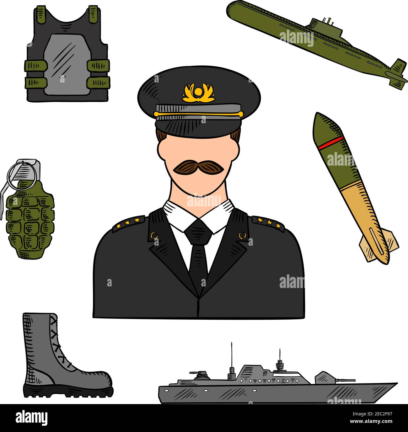 L'uomo militare circondato da esercito, marina, marine e guardie costiere disegnano simboli per l'uso delle forze armate con colorate navi da guerra, siluro, sub Illustrazione Vettoriale