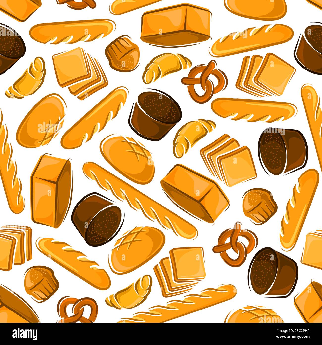Modello di pane appena sfornato senza cuciture con coppette al burro, croissant e pretzel dolci, segale scuro e pane a grani multipli, frenc Illustrazione Vettoriale