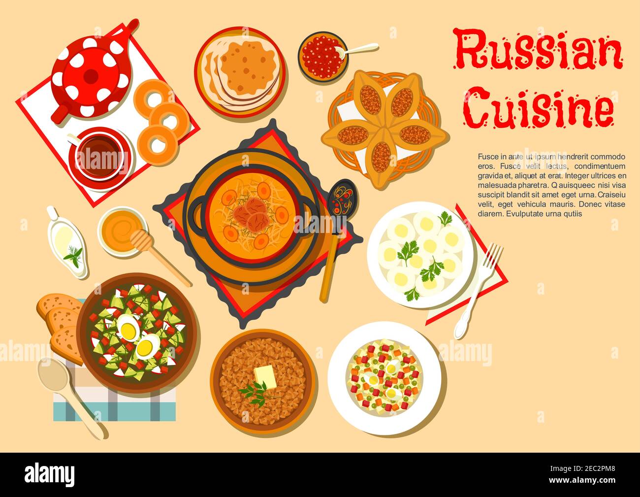 Tradizionale pranzo russo con piatti principali popolari e dessert icona piatta con zuppa di cavolo shchi e torte di carne, zuppa fredda okroshka e patate knishes Illustrazione Vettoriale