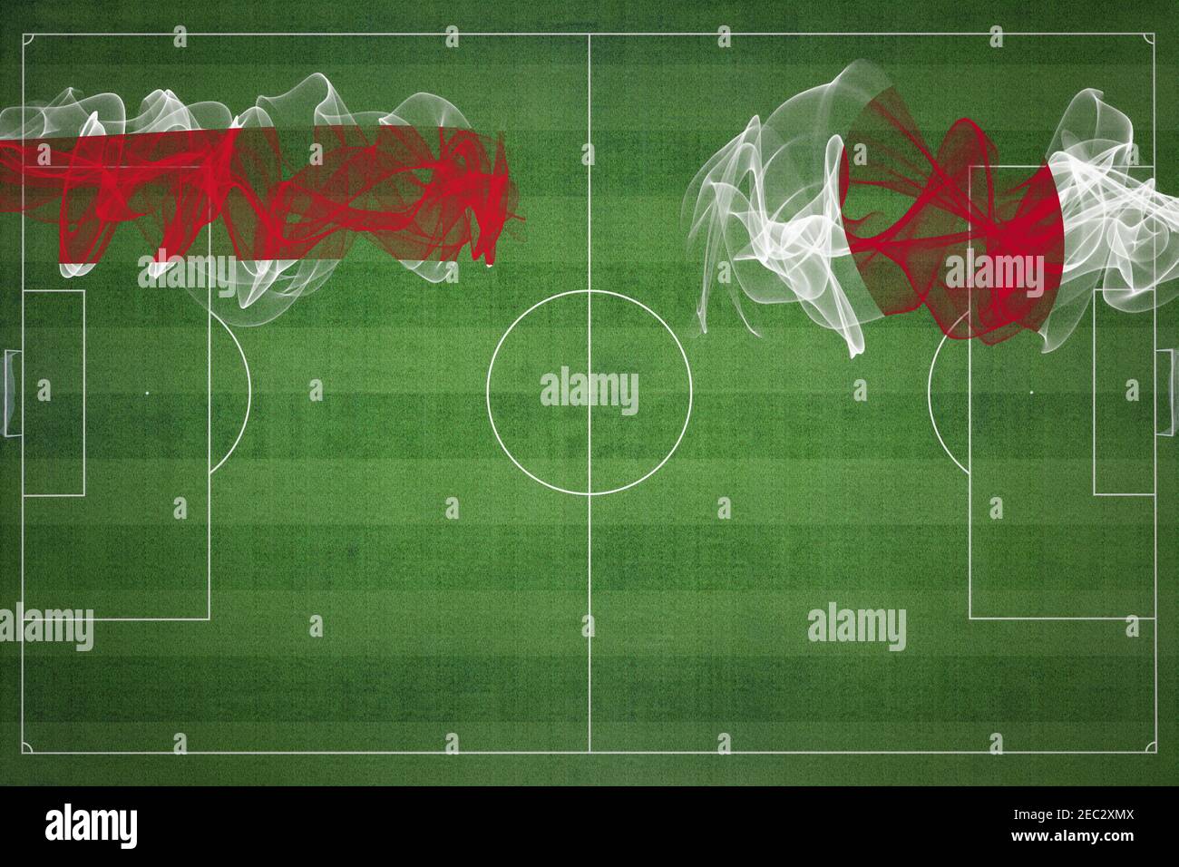 Costa Rica vs Giappone Soccer Match, colori nazionali, bandiere nazionali, campo di calcio, gioco di calcio, concetto di competizione, Copia spazio Foto Stock